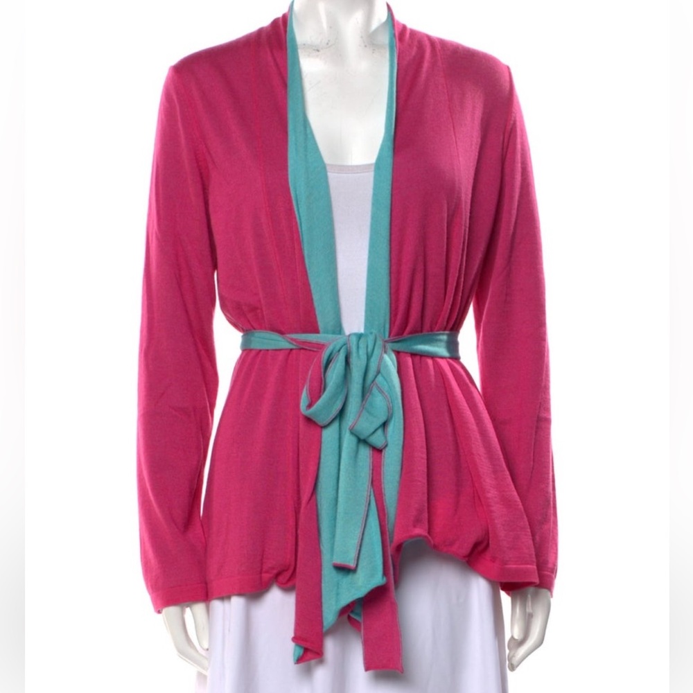 Leggiadro Pink and Teal reversible belted cashmere and silk Cardigan NWT